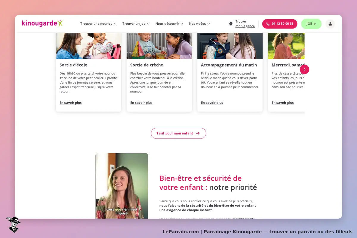 Kinougarde : page d'accueil avec services de garde d'enfants et vidéo d'information