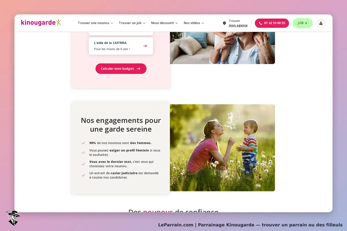 Kinougarde : page d'accueil avec engagements pour une garde sereine et images de famille