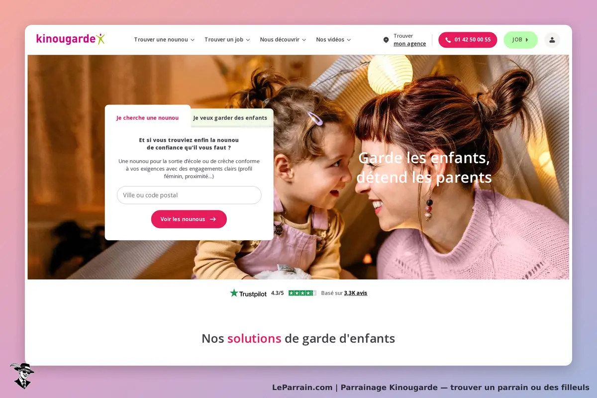 Kinougarde : page d'accueil avec un formulaire de recherche de nounou et une image d'une mère et