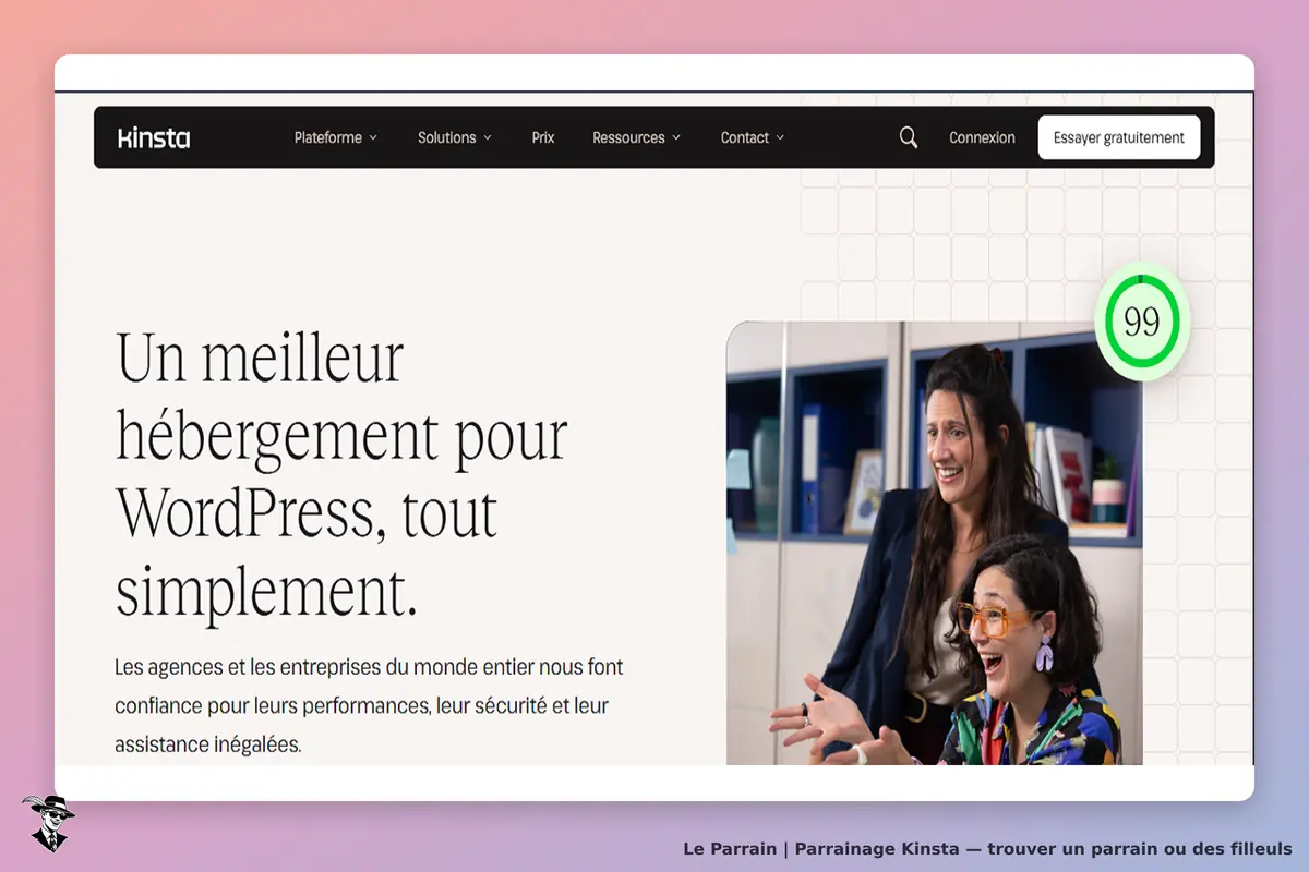 Kinsta : page d'accueil avec un slogan sur l'hébergement WordPress et deux femmes souriantes