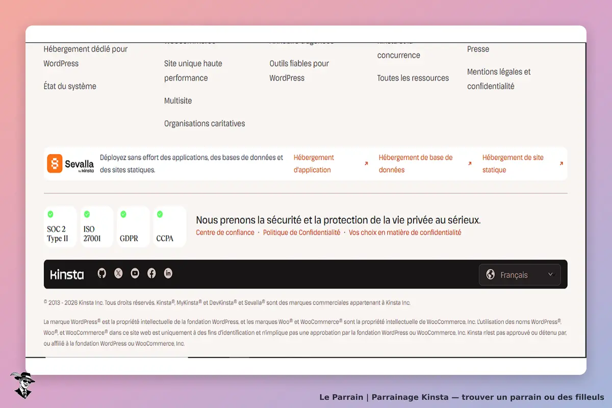 Kinsta : page d'accueil présentant des services d'hébergement pour WordPress et mentions légales