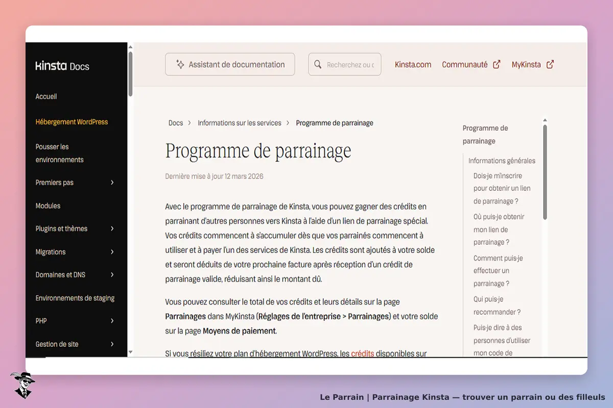 Kinsta : page d'accueil du programme de parrainage avec menu et contenu explicatif