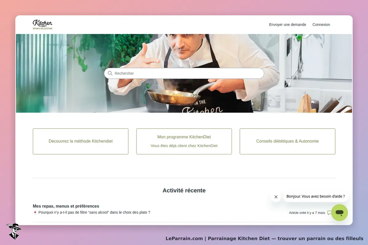 Kitchen Diet : page d'accueil avec recherche, boutons et un chef cuisinant en arrière-plan