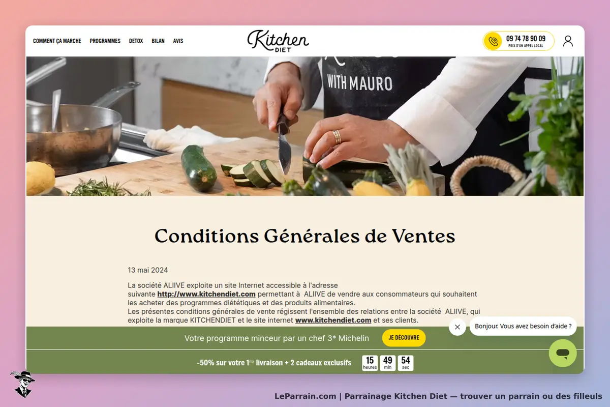 Kitchen Diet : capture d'écran des conditions générales de vente avec des légumes et un chef en