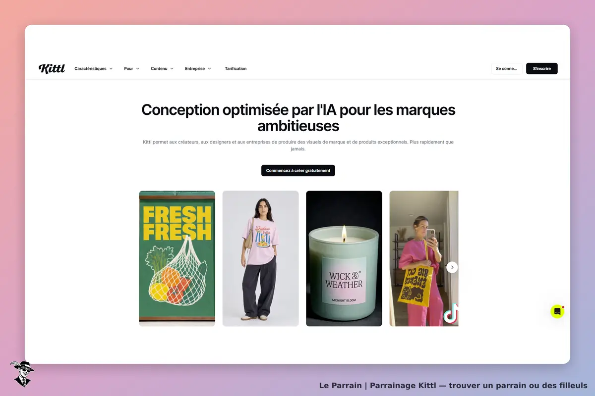 Kittl : page d'accueil avec différents produits créatifs et un slogan sur la conception optimisée