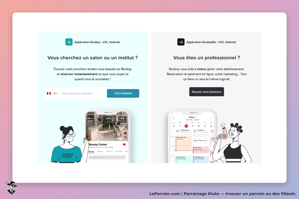 Kiute : page d'accueil présentant l'application Booksy pour clients et professionnels