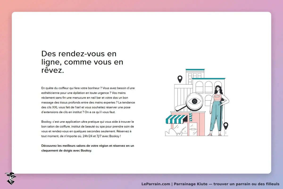 Kiute : une illustration d'une femme devant des bâtiments avec un texte sur les rendez-vous en