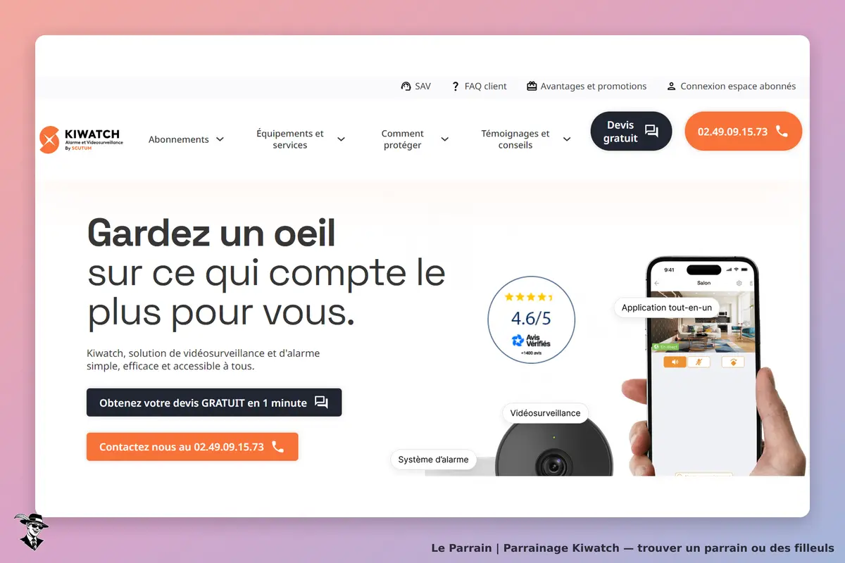 Kiwatch : page d'accueil avec slogan et aperçu d'une application de vidéosurveillance