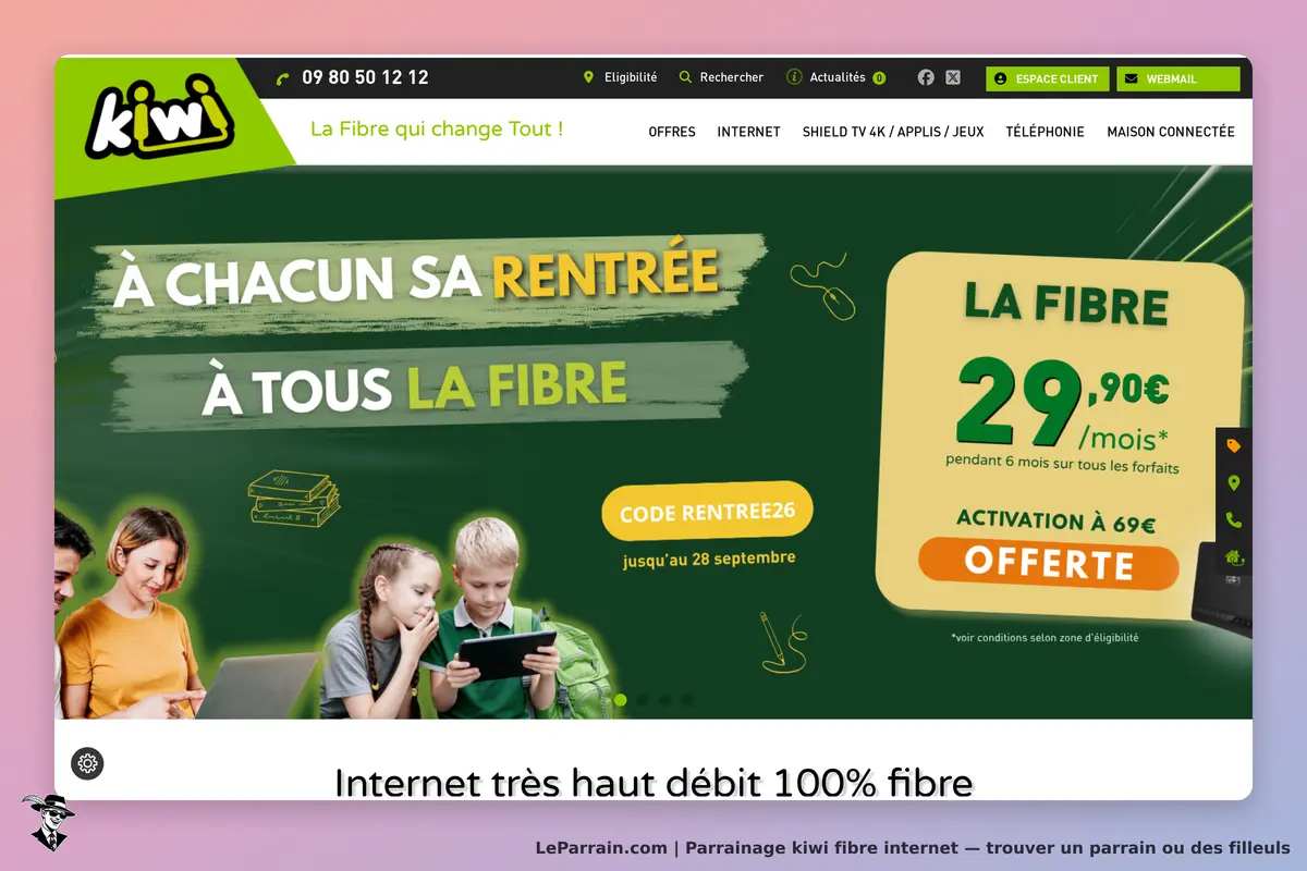 kiwi fibre internet : kiwi : page d'accueil avec un visuel de famille utilisant des appareils