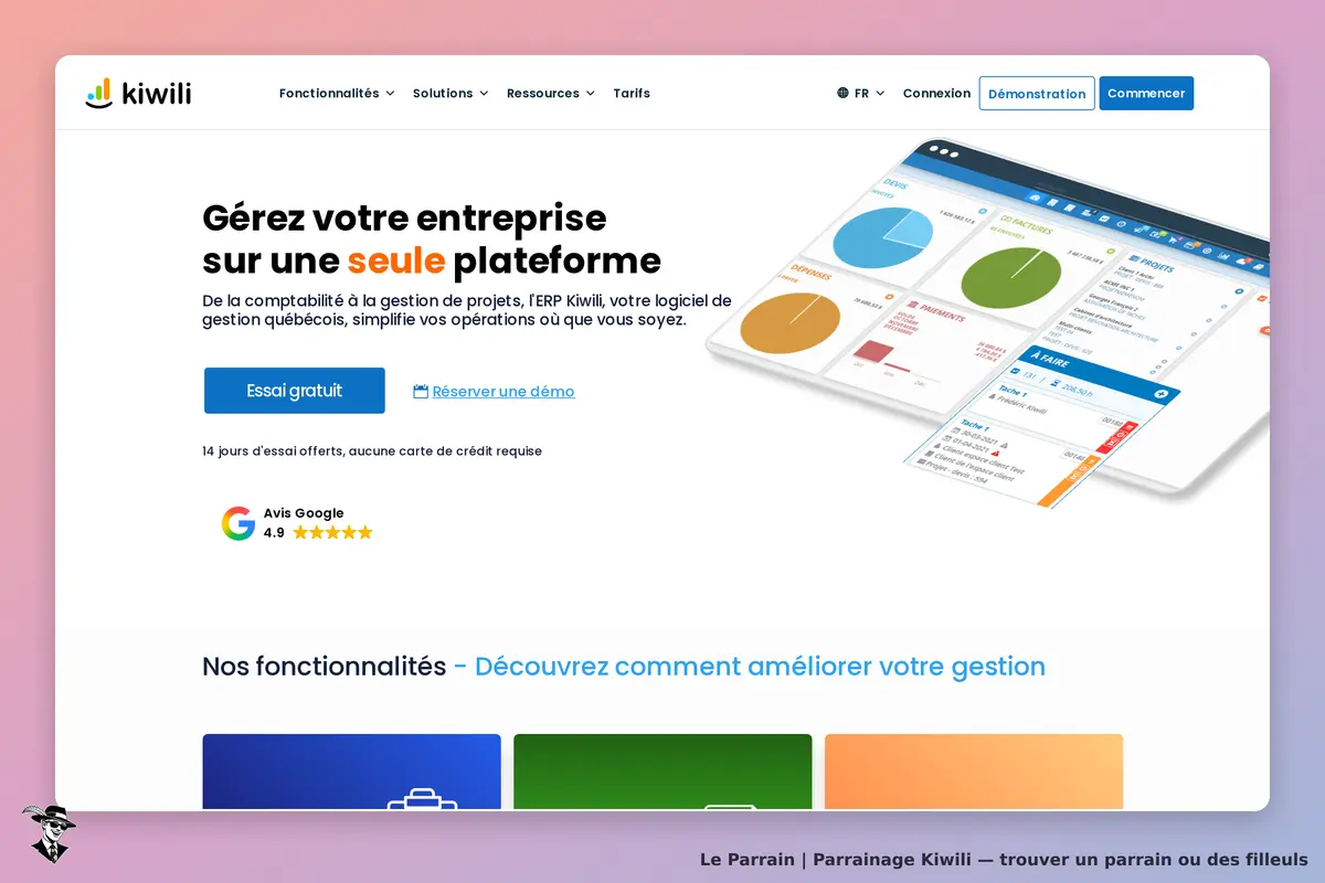 Kiwili : page d'accueil avec un aperçu de l'ERP et des boutons d'essai gratuit et de démo