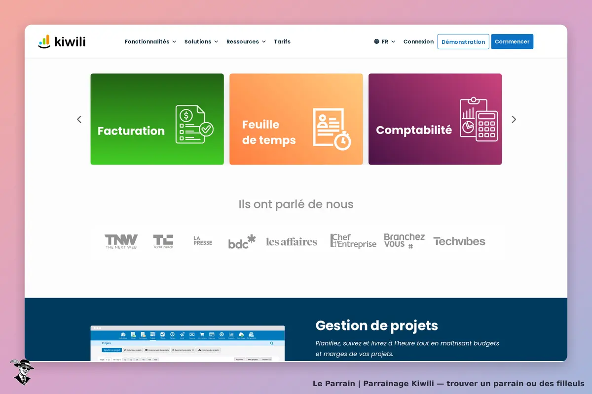 Kiwili : page d'accueil avec options de facturation, feuille de temps et comptabilité