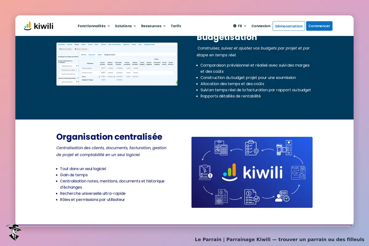 Kiwili : page d'accueil avec informations sur la budgétisation et l'organisation centralisée