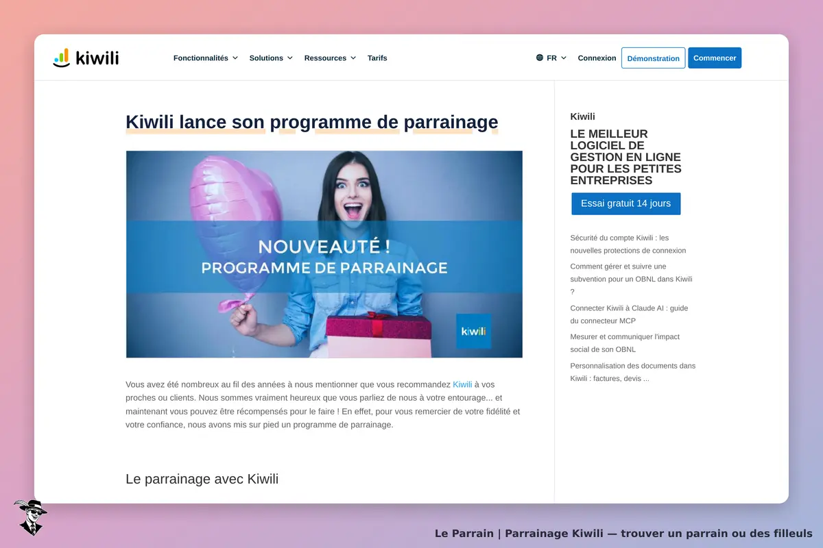 Kiwili : annonce d'un programme de parrainage avec une image colorée et un texte informatif