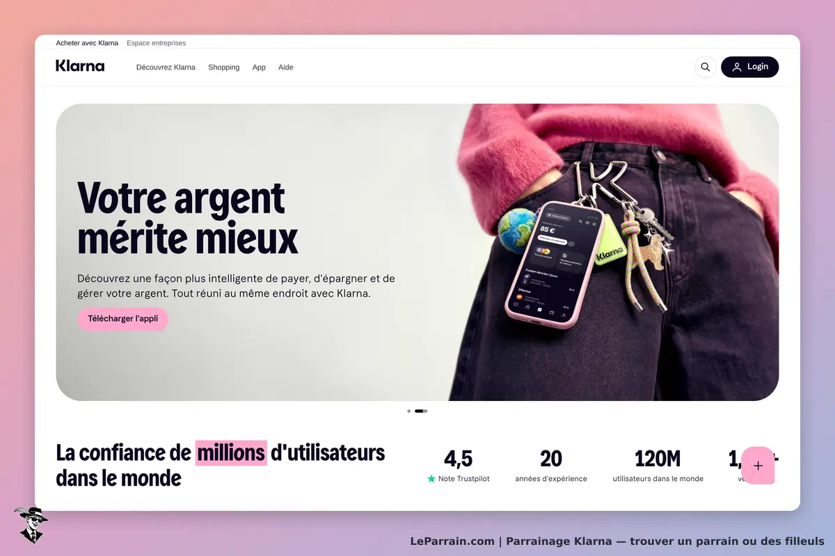 Capture d'écran de la page d'accueil de Klarna avec un téléphone et des accessoires.