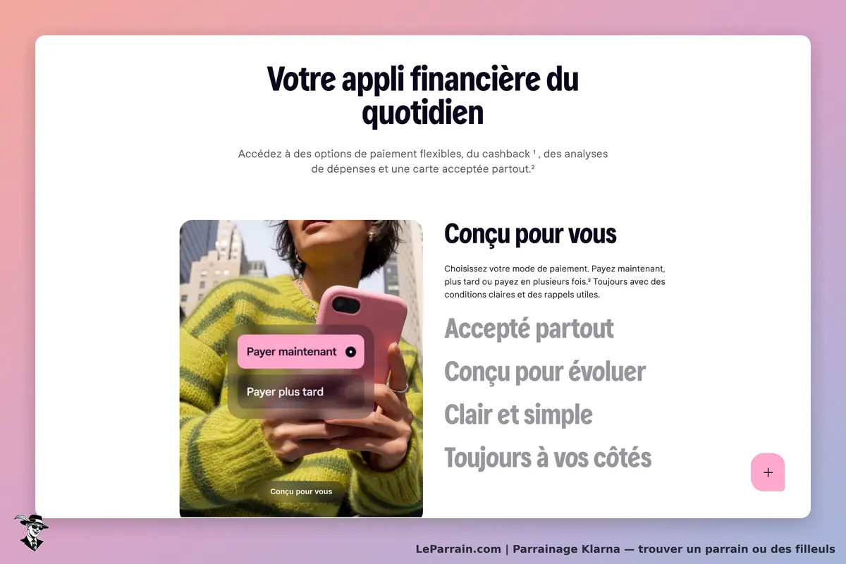 Application Klarna présentant des options de paiement flexibles et un design moderne.