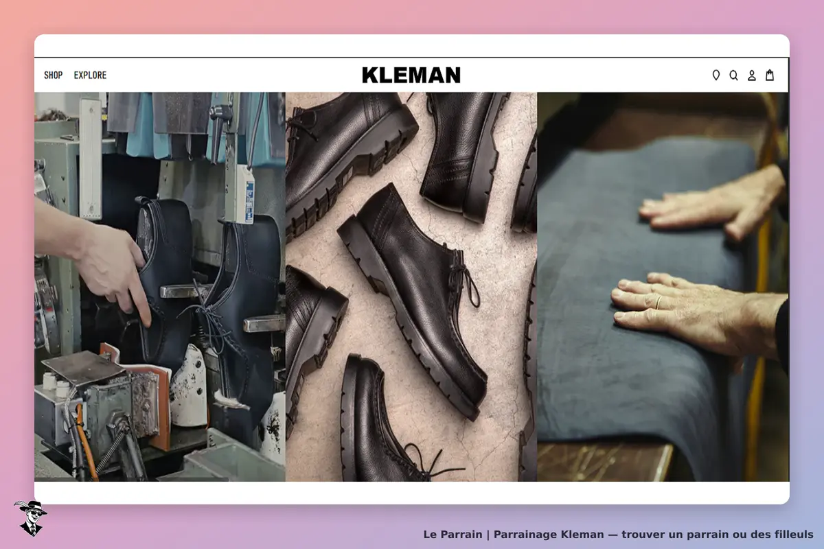 KLEMAN : trois images de chaussures noires et de la fabrication artisanale en arrière-plan