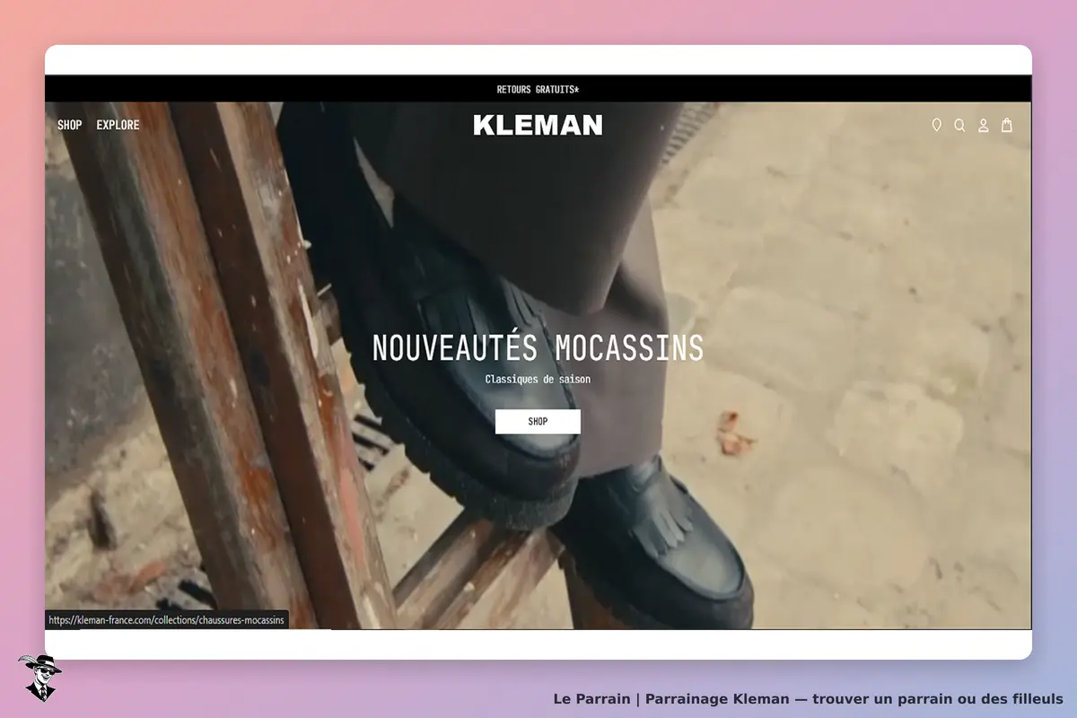 KLEMAN : page d'accueil présentant des mocassins avec un modèle posé sur une marche en bois