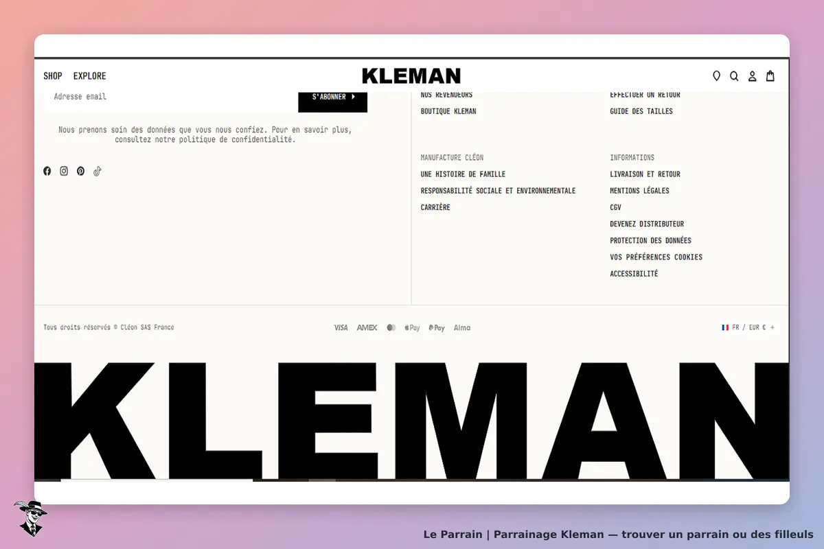 KLEMAN : page d'accueil avec logo, menu, et options de contact et d'abonnement