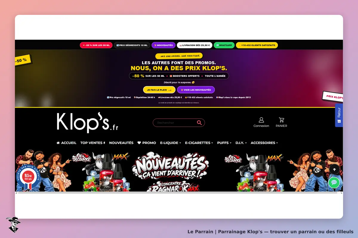 Klop's : page d'accueil avec des produits, promotions et personnages illustrés