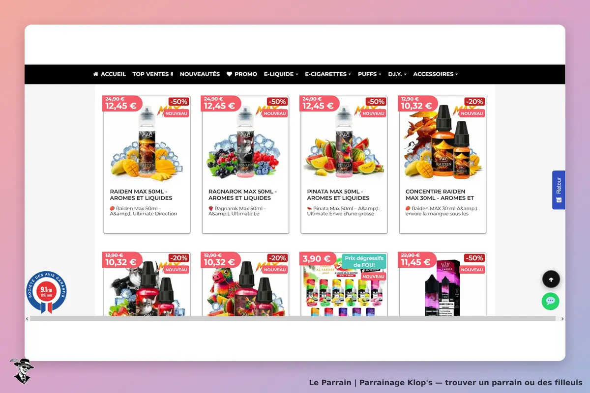 Klop's : page d'accueil avec plusieurs produits de liquides pour e-cigarettes affichés