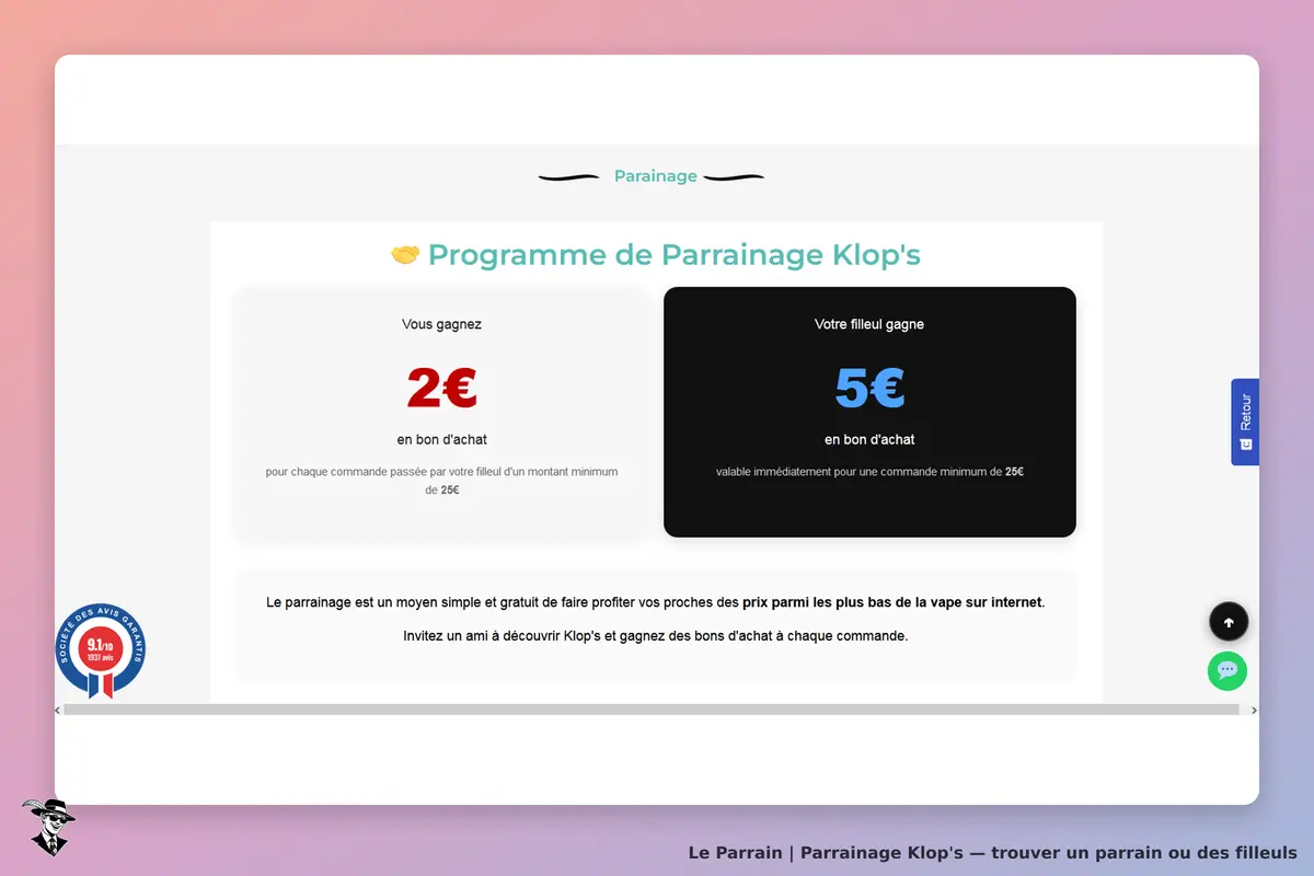 Klop's : page d'accueil du programme de parrainage avec gains affichés pour parrain et filleul