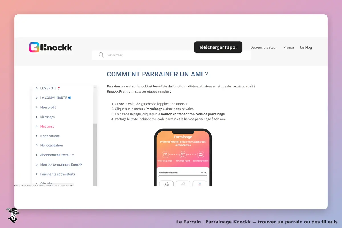 Knockk : page d'accueil expliquant comment parrainer un ami avec étapes et interface mobile