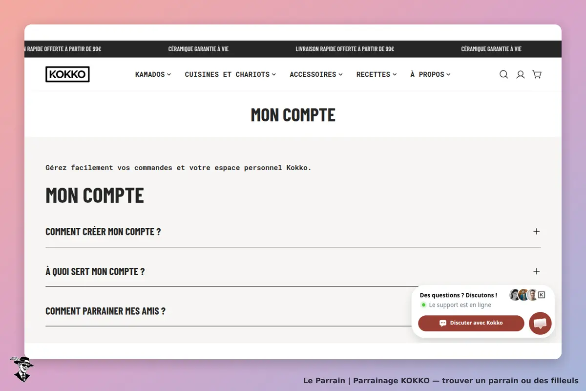KOKKO : page "Mon compte" avec options pour gérer les commandes et un support en ligne