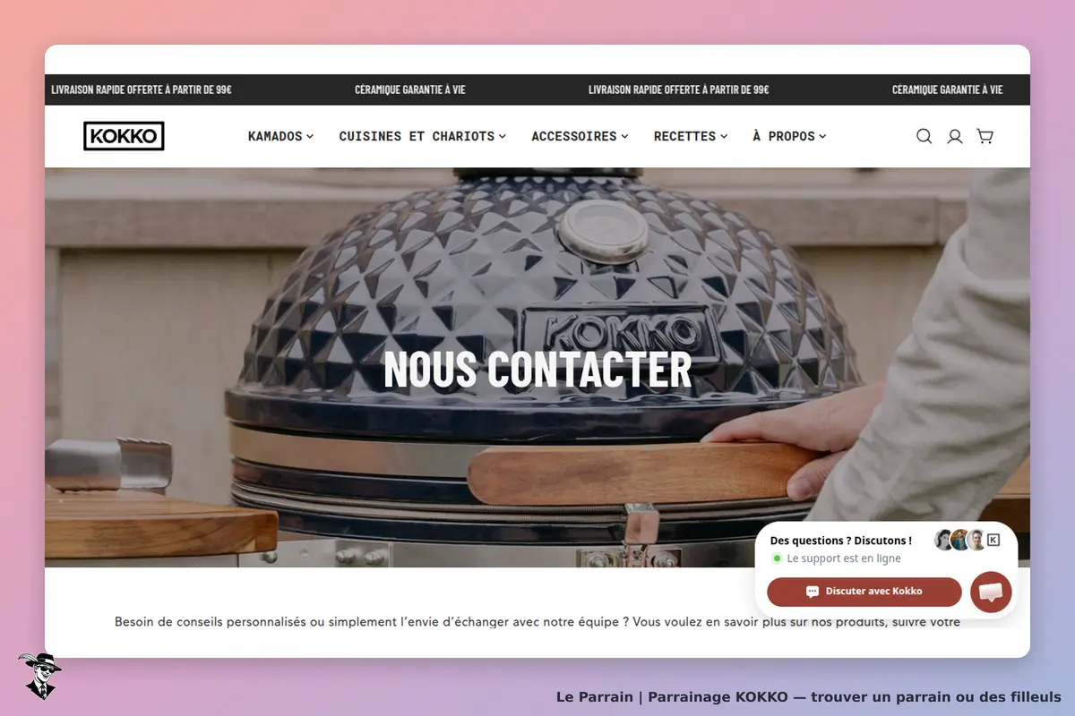 KOKKO : page d'accueil avec un kamado et un bouton pour contacter le service client