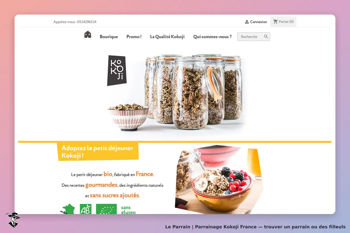 Kokoji France : kokoji : page d'accueil avec des bocaux de céréales et un bol de granola aux fruits