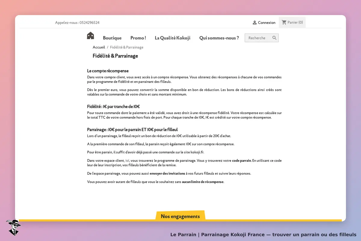 Kokoji France : page sur la fidélité et le parrainage avec explications et conditions