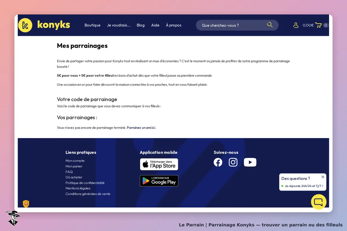 Konyks : page de parrainage avec code et options pour inviter des filleuls