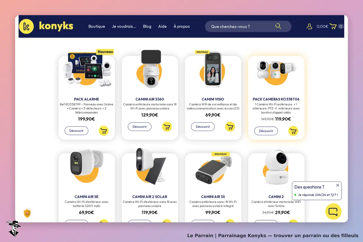 Konyks : affichage de divers produits de sécurité connectée sur la page d'accueil