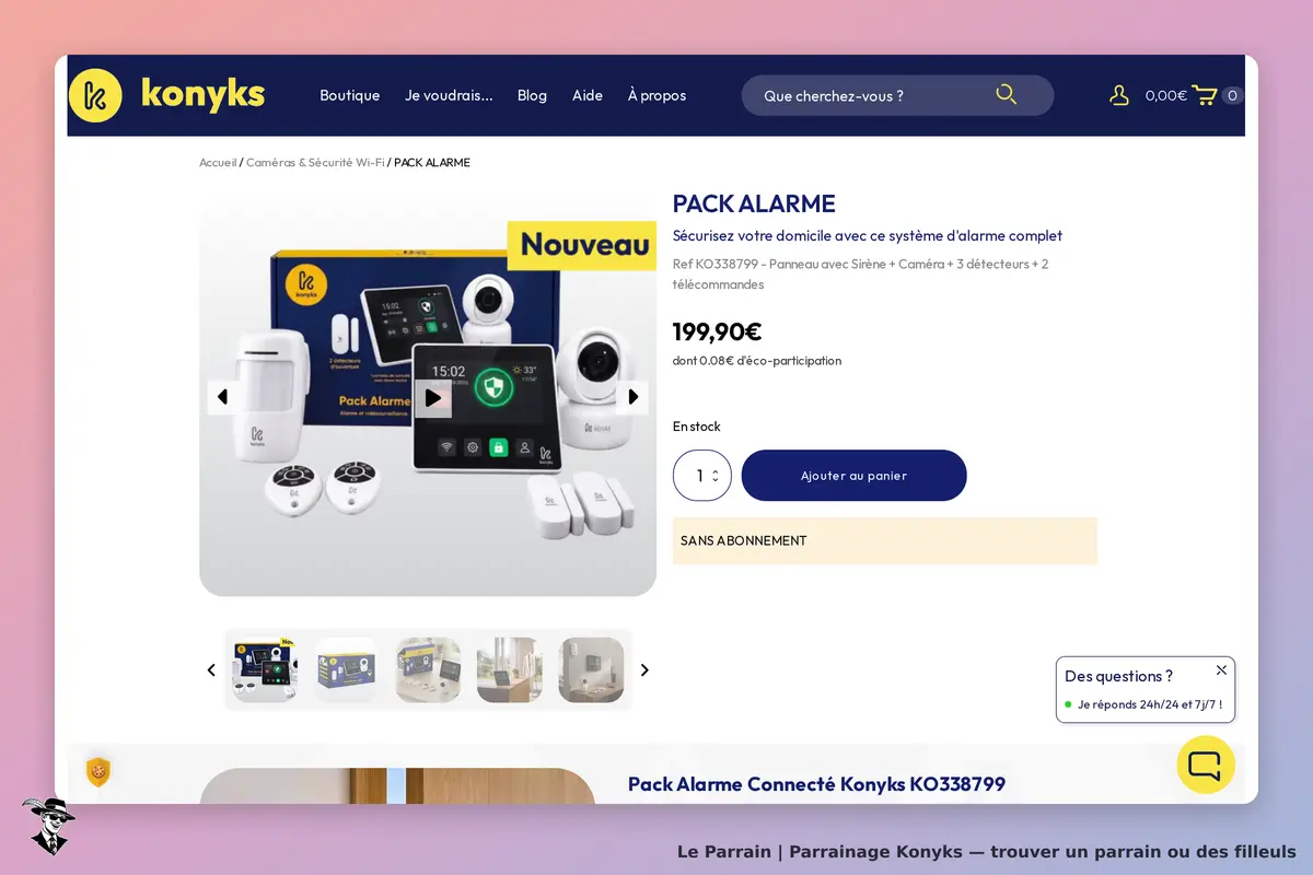 Konyks : page produit affichant un pack d'alarme avec divers équipements de sécurité