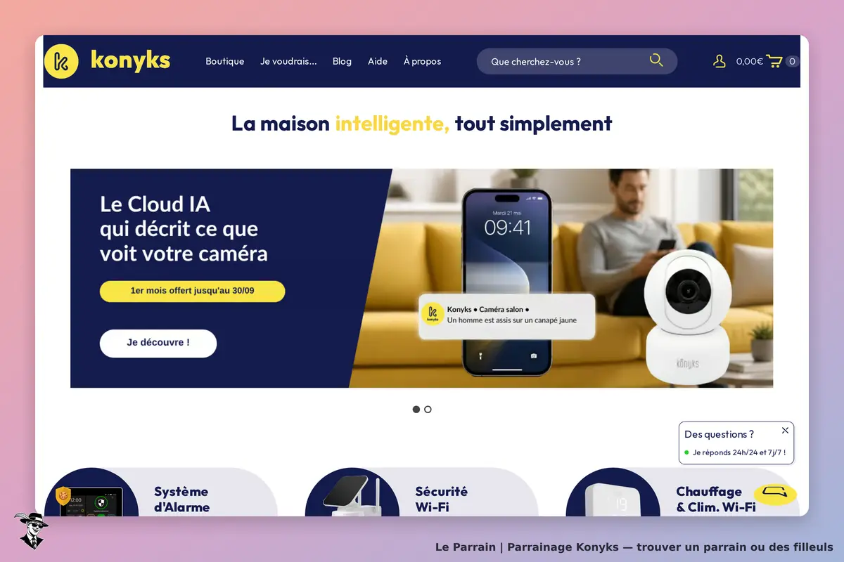 Konyks : page d'accueil présentant une caméra et un smartphone avec notification sur un canapé