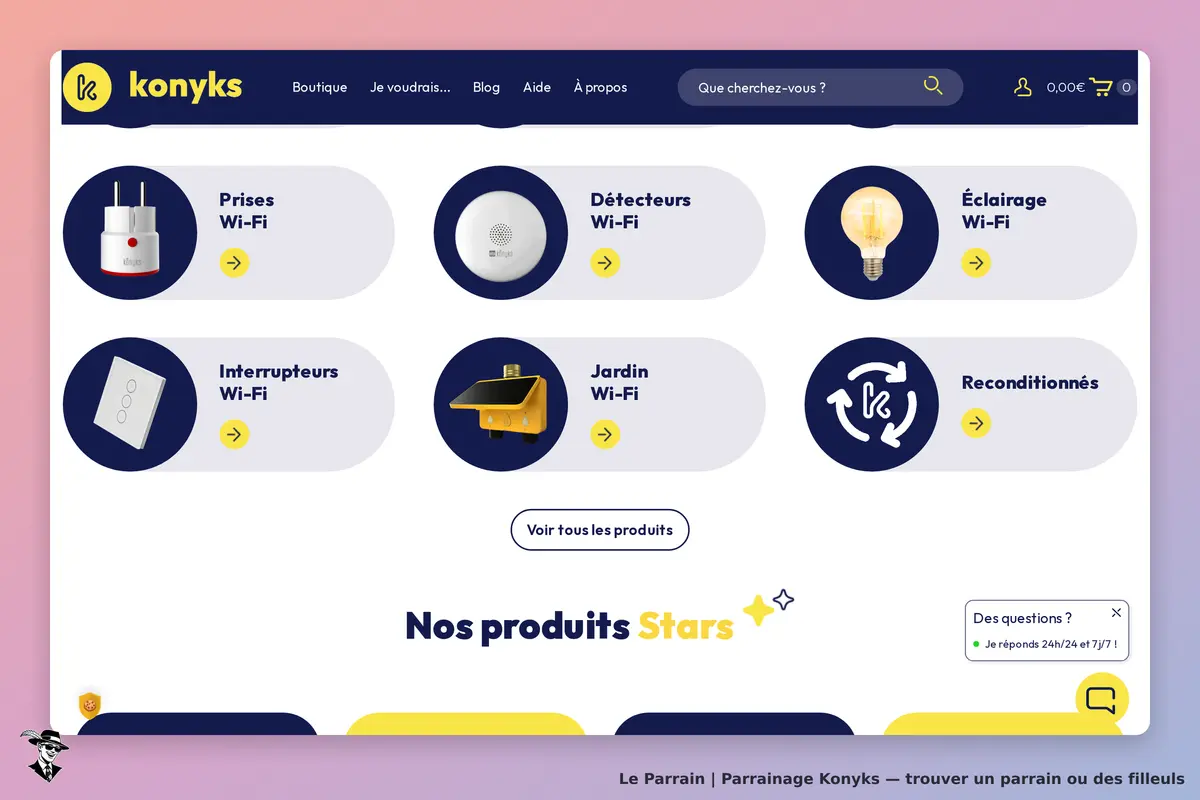 Konyks : page d'accueil présentant divers produits connectés et un menu de navigation en haut