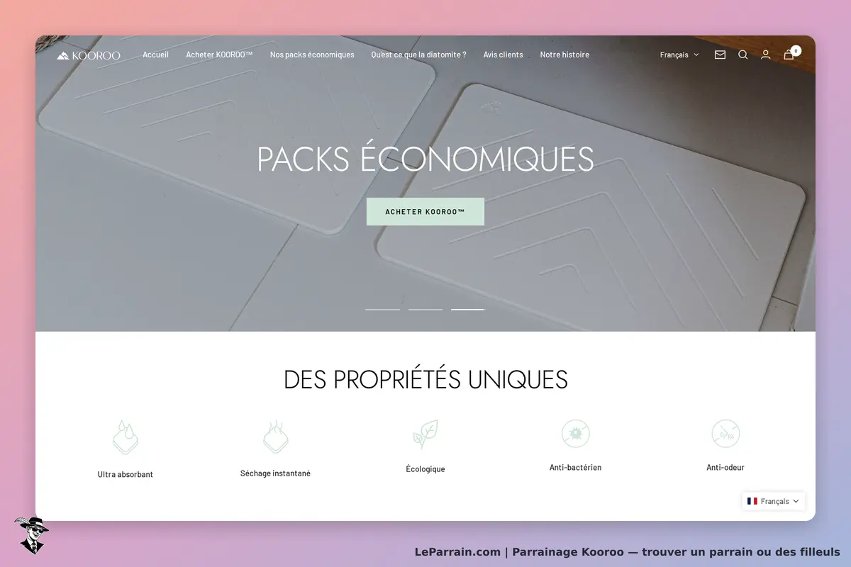 Kooroo : page d'accueil présentant les packs économiques et leurs propriétés uniques