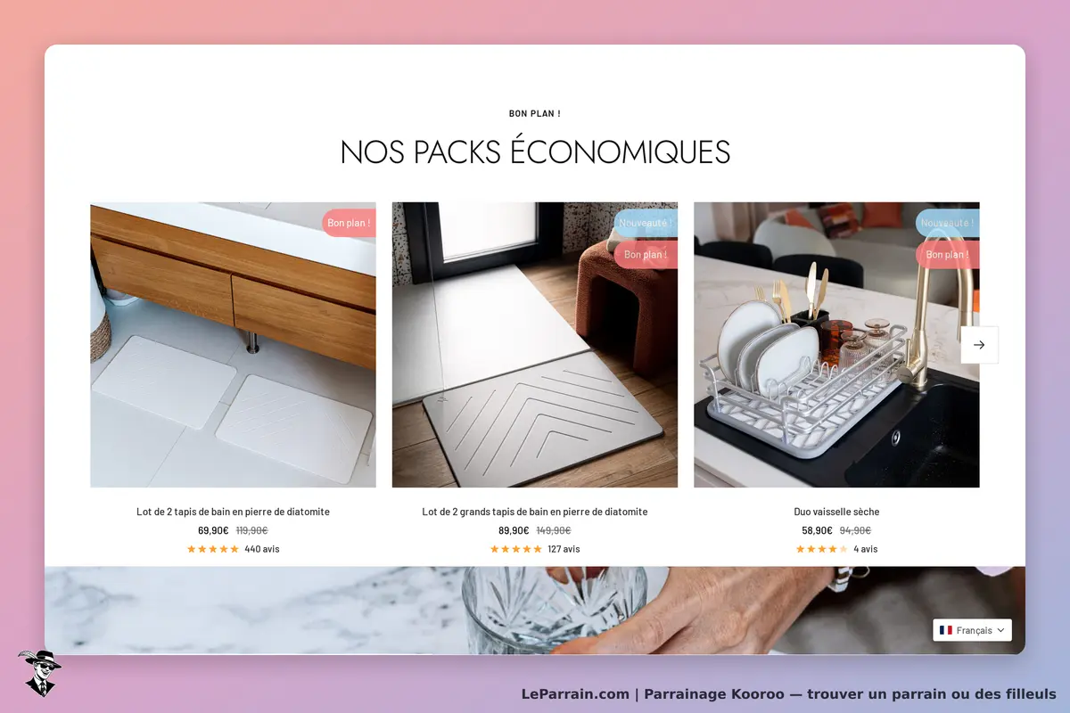 Kooroo : page d'accueil avec trois packs de produits pour la maison et des avis clients