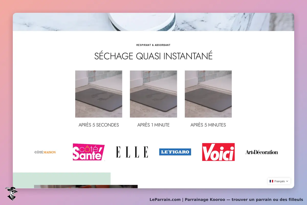 Kooroo : présentation de tapis avec séchage rapide en trois étapes, logos de médias en bas
