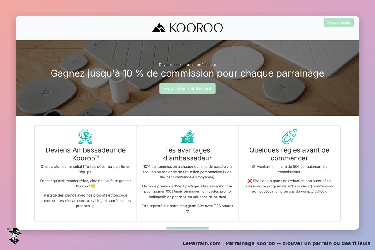 Kooroo : page d'accueil présentant le programme d'ambassadeur et des produits en arrière-plan