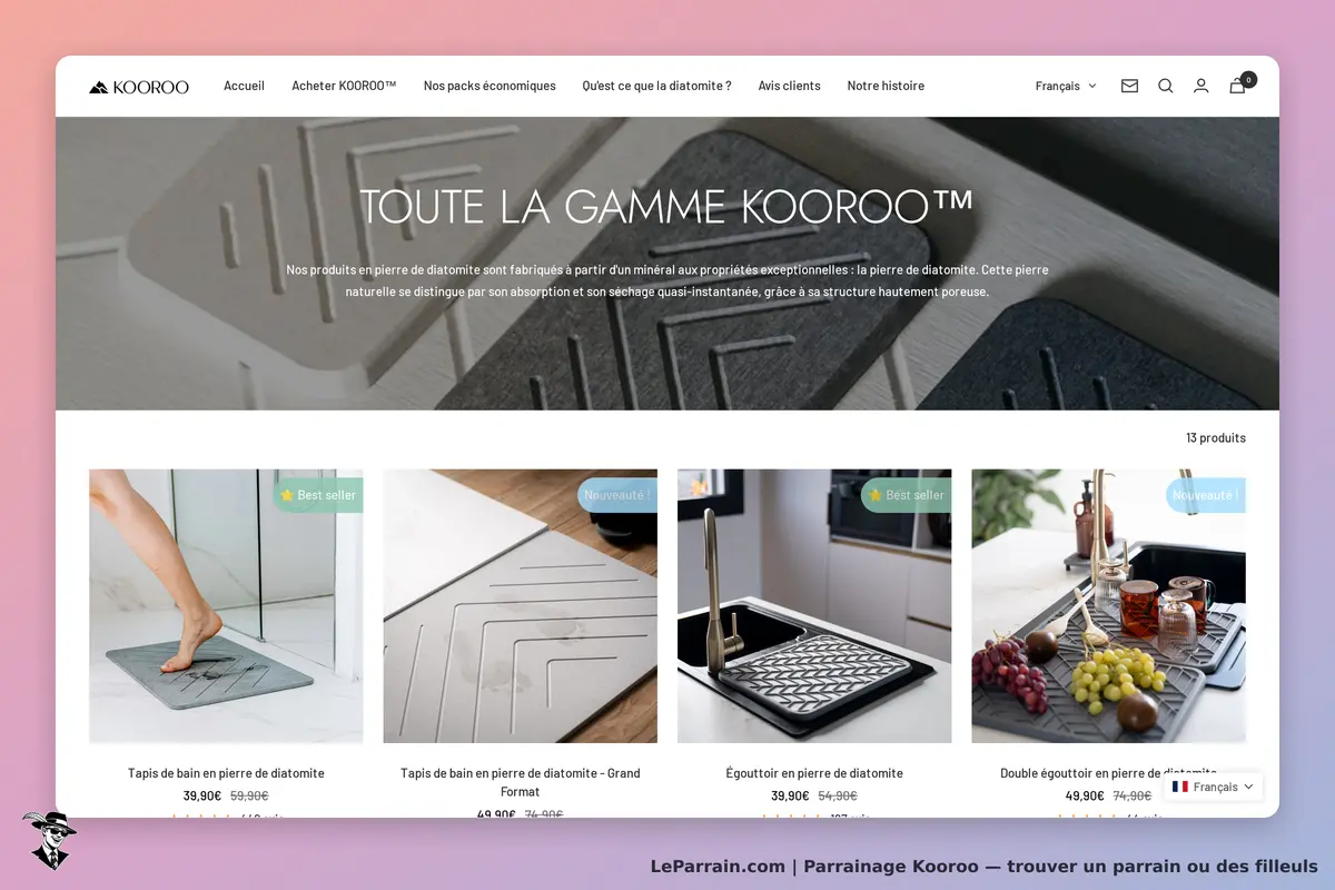 Kooroo : page d'accueil présentant divers produits en pierre de diatomite avec images et