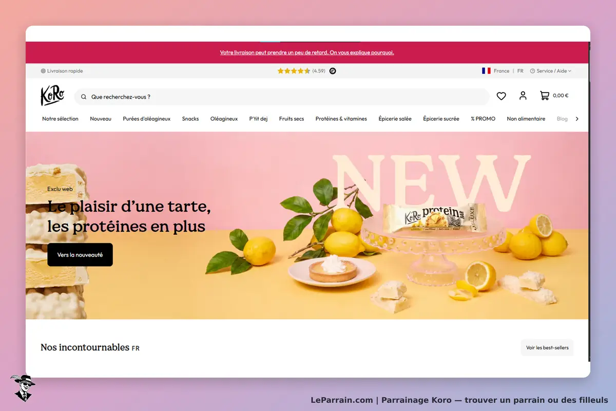 Koro : page d'accueil avec des produits et un message sur une nouveauté protéinée