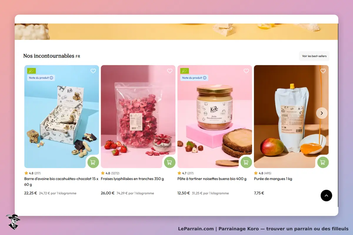 Koro : quatre produits alimentaires présentés avec des emballages colorés sur fond pastel