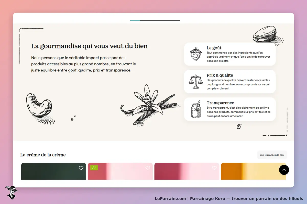 Koro : page d'accueil présentant des valeurs avec illustrations et section "La crème de la crème"