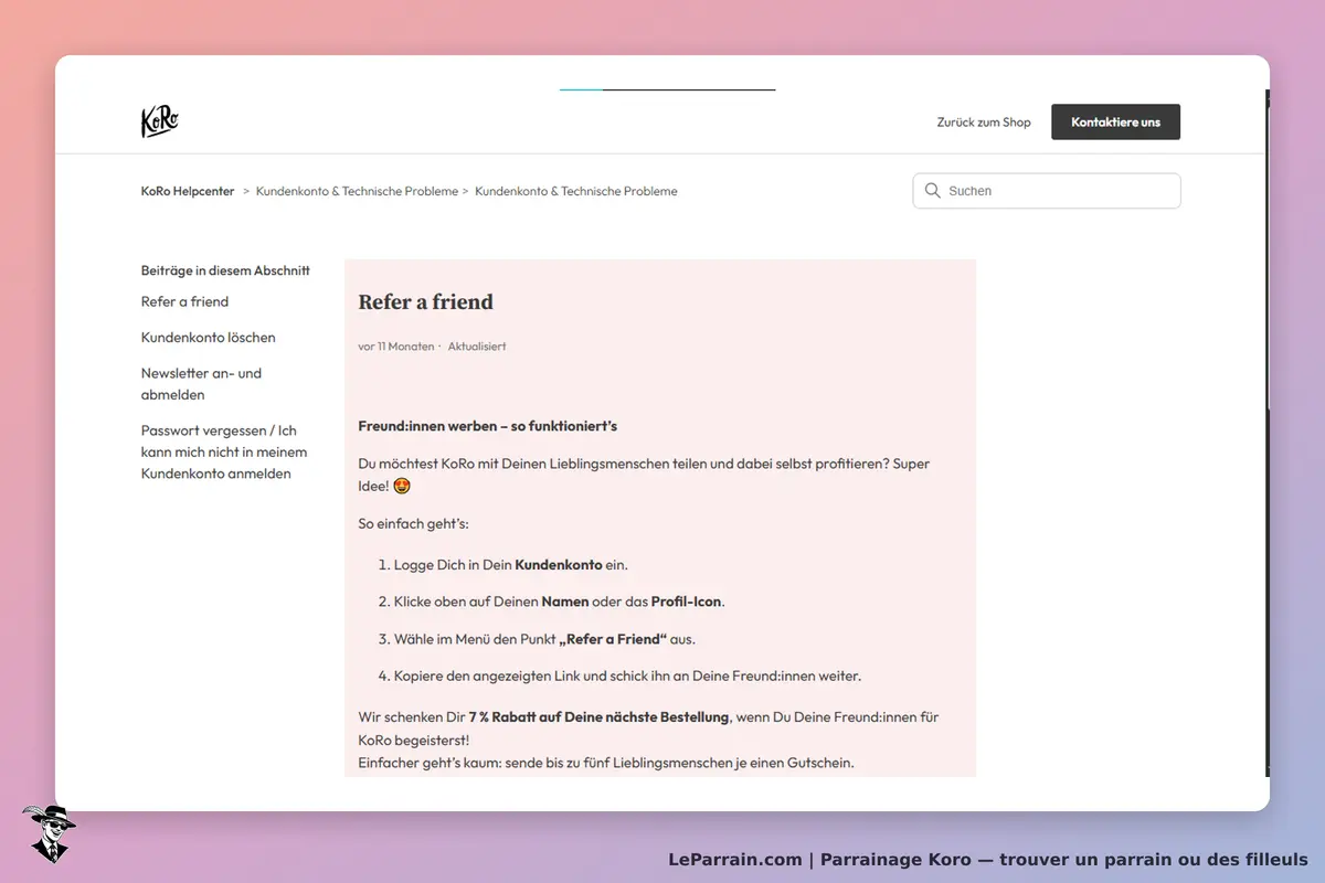 Koro : page d'aide sur le parrainage avec étapes et instructions pour inviter des amis