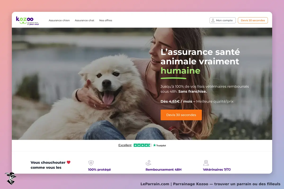 Kozoo : page d'accueil avec une femme et un chien, slogan sur l'assurance santé animale