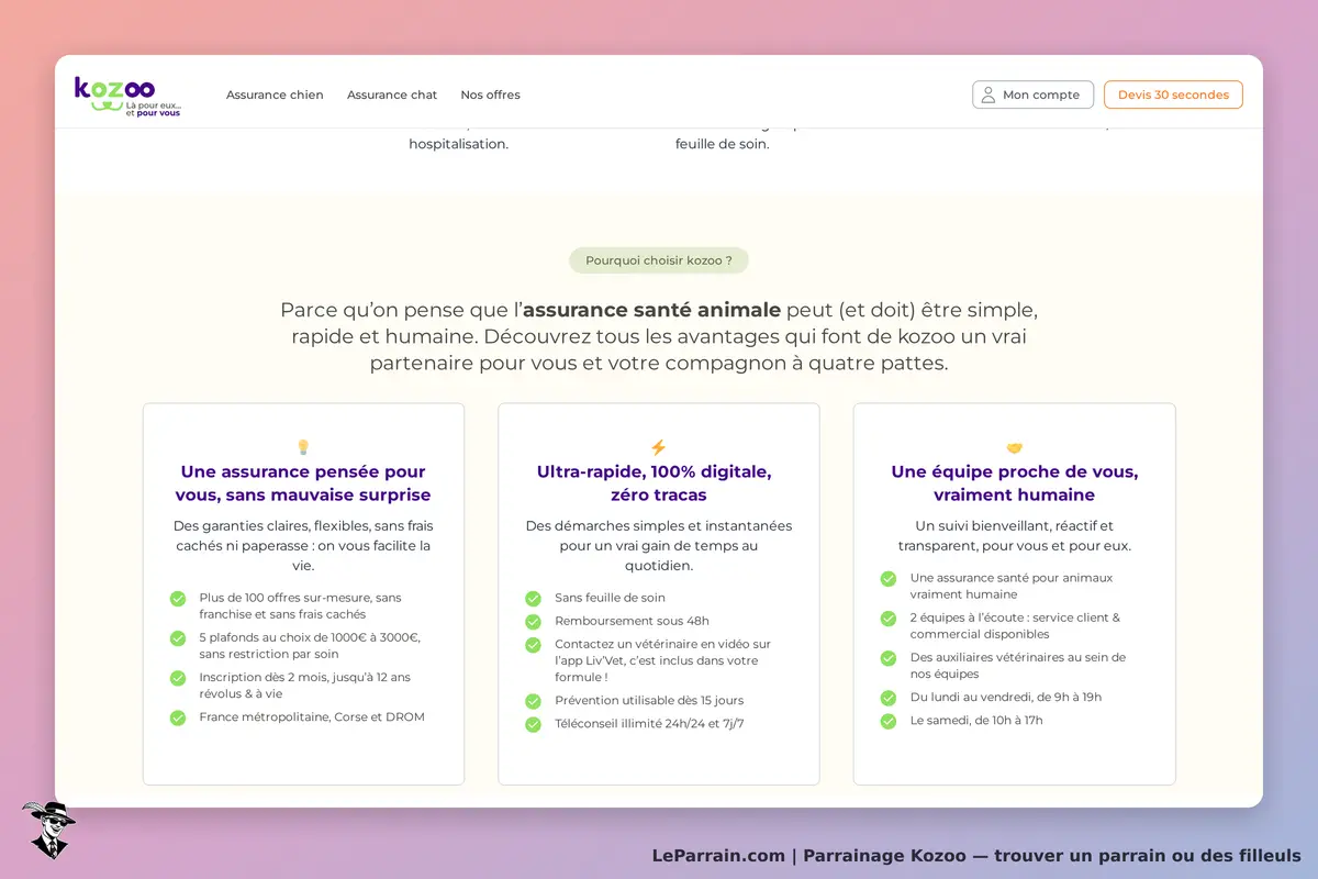Kozoo : page d'accueil présentant les avantages de l'assurance santé animale avec trois sections