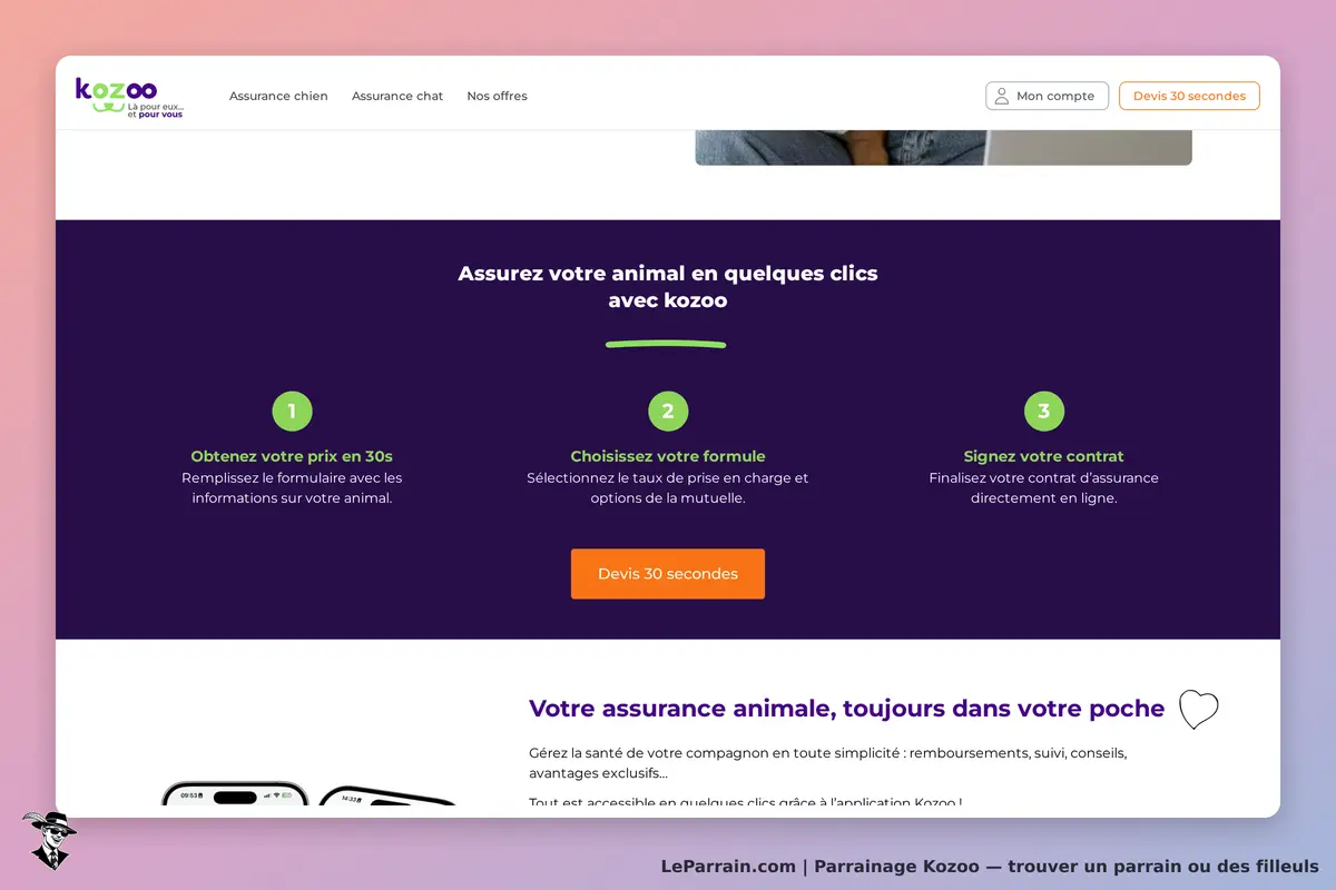 Kozoo : page d'accueil avec étapes pour assurer un animal et un bouton pour un devis rapide