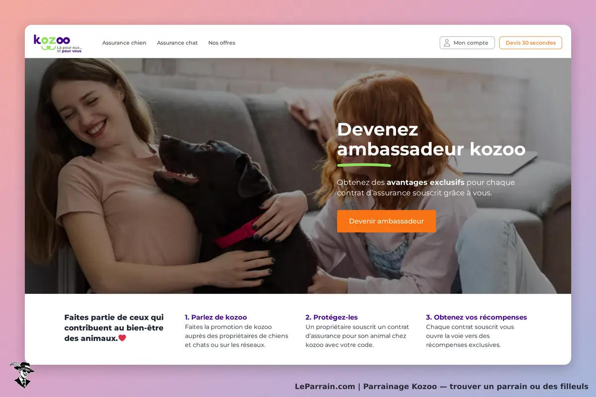 Kozoo : page d'accueil avec femmes, chien et invitation à devenir ambassadeur