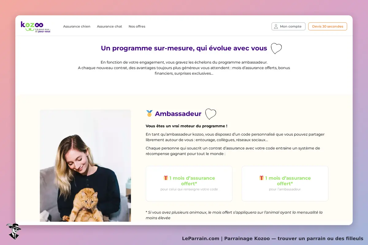Kozoo : page d'accueil présentant le programme ambassadeur avec une image d'une personne et un chat