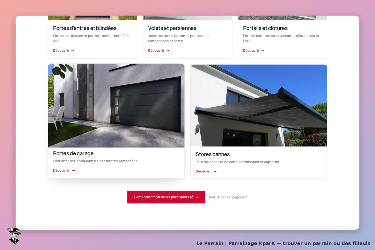 KparK : page d'accueil présentant divers produits pour l'extérieur, dont des portes et stores